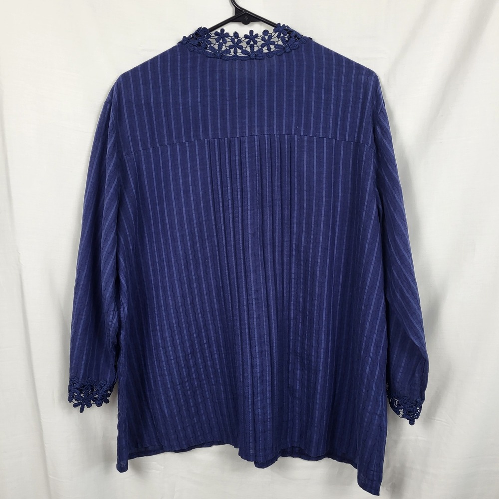Navy Blue‎ Floral Crochet Lace Trim Striped Button Front Blouse XL - Picture 6 of 6